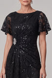 Black Sequin Lace Ruched A Line Mother of the Bride Dress with Short Sleeves