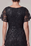 Black Sequin Lace Ruched A Line Mother of the Bride Dress with Short Sleeves