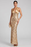 Gold Halter Mermaid Sequin Formal Dress with Lace-up Back
