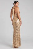 Gold Halter Mermaid Sequin Formal Dress with Lace-up Back