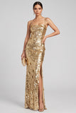Sparkly Gold Sheath 3D Sequin Formal Dress with Slit
