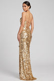 Sparkly Gold Sheath 3D Sequin Formal Dress with Slit