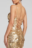 Sparkly Gold Sheath 3D Sequin Formal Dress with Slit