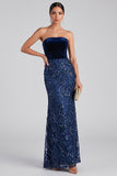 Navy Strapless Velvet Mermaid Sequin Long Formal Dress