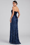 Navy Strapless Velvet Mermaid Sequin Long Formal Dress