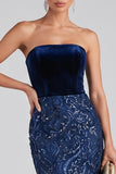 Navy Strapless Velvet Mermaid Sequin Long Formal Dress