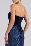 Navy Strapless Velvet Mermaid Sequin Long Formal Dress