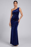 Glitter Navy One Shoulder Ruched Velvet Formal Dress