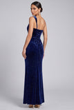 Glitter Navy One Shoulder Ruched Velvet Formal Dress