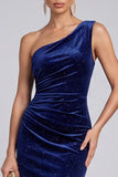 Glitter Navy One Shoulder Ruched Velvet Formal Dress