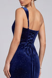 Glitter Navy One Shoulder Ruched Velvet Formal Dress