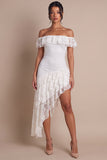 Off the Shoulder Lace White Ruffled Asymmetrical Rehearsal Dinner Dress