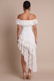 Off the Shoulder Lace White Ruffled Asymmetrical Rehearsal Dinner Dress
