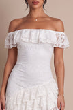 Off the Shoulder Lace White Ruffled Asymmetrical Rehearsal Dinner Dress