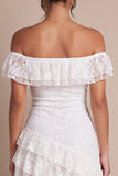 Off the Shoulder Lace White Ruffled Asymmetrical Rehearsal Dinner Dress