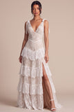 Boho White A Line Tiered Ruffled V-Neck Lace Wedding Dress with Slit