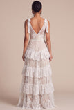 Boho White A Line Tiered Ruffled V-Neck Lace Wedding Dress with Slit