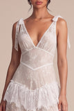 Boho White A Line Tiered Ruffled V-Neck Lace Wedding Dress with Slit