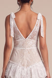 Boho White A Line Tiered Ruffled V-Neck Lace Wedding Dress with Slit
