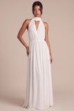 White Halter Ruched Long Engagement Dress with Bow