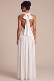 White Halter Ruched Long Engagement Dress with Bow