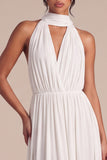 White Halter Ruched Long Engagement Dress with Bow