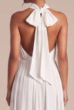 White Halter Ruched Long Engagement Dress with Bow
