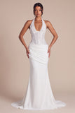 Halter White Corset Ruched Mermaid Wedding Dress with Beading