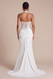 Halter White Corset Ruched Mermaid Wedding Dress with Beading