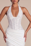 Halter White Corset Ruched Mermaid Wedding Dress with Beading