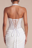 Halter White Corset Ruched Mermaid Wedding Dress with Beading