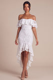 Off the Shoulder White Lace Ruffled Mermaid High-Low Engagement Dress