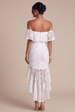 Off the Shoulder White Lace Ruffled Mermaid High-Low Engagement Dress
