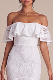 Off the Shoulder White Lace Ruffled Mermaid High-Low Engagement Dress