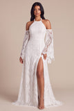 White Halter Lace A Line Long Wedding Dress with Slit