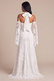 White Halter Lace A Line Long Wedding Dress with Slit