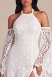 White Halter Lace A Line Long Wedding Dress with Slit