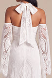 White Halter Lace A Line Long Wedding Dress with Slit