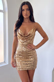 Sparkly Gold Bodycon Cowl Neck Short Homecoming Dress