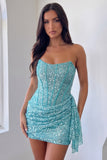 Strapless Corset Sky Blue Ruched Bodycon Sequin Homecoming Dress with Sash