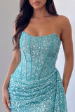 Strapless Corset Sky Blue Ruched Bodycon Sequin Homecoming Dress with Sash