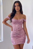 Off the Shoulder Pink Corset Bodycon Sequin Homecoming Dress