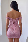 Off the Shoulder Pink Corset Bodycon Sequin Homecoming Dress