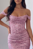 Off the Shoulder Pink Corset Bodycon Sequin Homecoming Dress