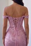 Off the Shoulder Pink Corset Bodycon Sequin Homecoming Dress