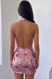 Sparkly Pink Halter Bodycon Backless Short Homecoming Dress
