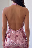 Sparkly Pink Halter Bodycon Backless Short Homecoming Dress