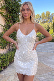 Sparkly White Bodycon Short Homecoming Dress with Lace-up Back