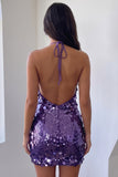 Purple Halter Bodycon Backless Sequin Short Homecoming Dress