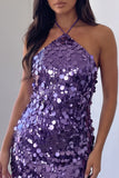 Purple Halter Bodycon Backless Sequin Short Homecoming Dress
